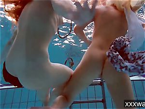 red-hot Russian ladies swimming in the pool